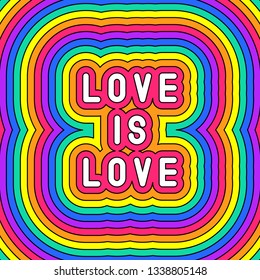 "Love is love" poster. Colorful, rainbow-colored text vector illustration. Fun cartoon style design template.