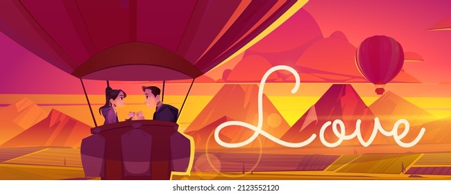 Love poster with happy couple flying in hot air balloon above mountain valley at sunset. Vector banner of romance with cartoon illustration of man and woman look at each other in airship basket