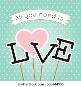 Love poster with heart and letters. Cute card for Valentine's day. Hipster design, vector illustration. on polka dot background