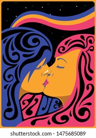 Love Poster, Kissing Women, Psychedelic Art Style 