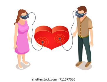 Love poster with man and woman in virtual reality glasses connected to big device in heart shape communicating and dating, simulation of lovers