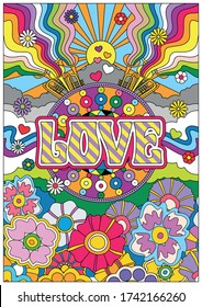 Love Poster, Psychedelic Art 1960s Hippie Style Banner, Rainbows, Flowers, Abstract Background