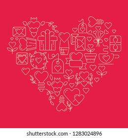 Love poster template in the gigantic heart with many beautiful images symbolizing valentines day hand drawing doodles elements on red background vector illustration