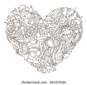 Love poster template with hand-drawn doodles elements. Vector illustration for your romantic design. Cupid, ring, lock and key, swirls and ribbons, balloons and others symbols. 