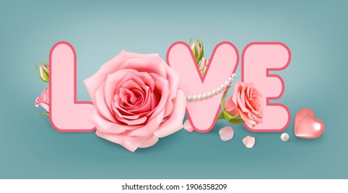 Love. Poster with valentine rose on blue background for decoration design. 3D realistic vector. Valentine Greeting card, banner, poster.