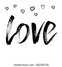 Love poster. Vector background with hand lettering, hearts.