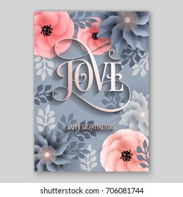  Love poster with Vector big paper flower origami rose, anemone, peony. Wedding invitation floral card template