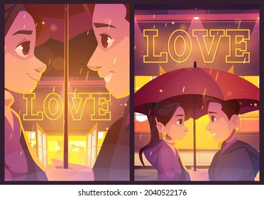 Love posters with happy couple under umbrella on city street in rain. Vector banners of romance and relationship with cartoon illustration of man and woman look at each other on background of cafe