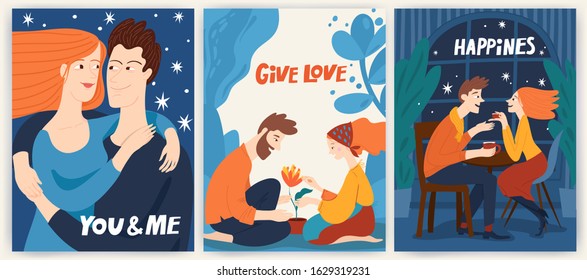 Love posters set with couple in love. Man and woman hug, talk in a cafe and plant a flower. Vector romantic valentines day card square size with lovers. Minimal flat style in color.