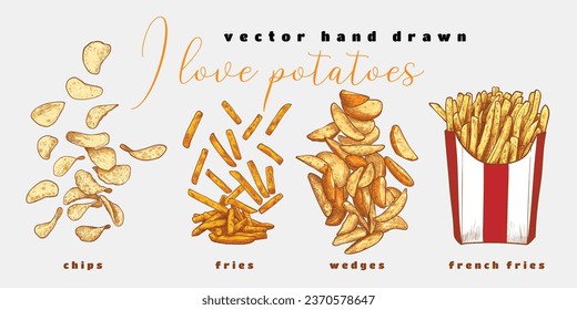 I love potatoes. Variety of cooked potatoes such as chips, fries, wedges, french fries. Hand drawn vector cooked potatoes. 