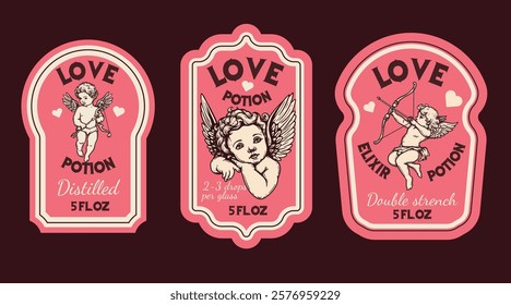 Love potion badges set. Hand drawn sketch style cupids, cherubs. Valentines day symbols. Vector illustrations collection.