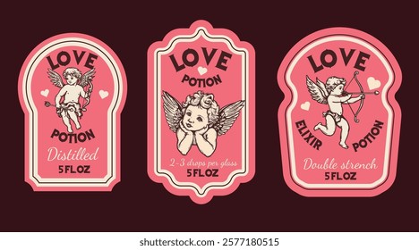 Love potion badges set. Hand drawn sketch style cupids, cherubs. Valentines day symbols. Vector illustrations collection.