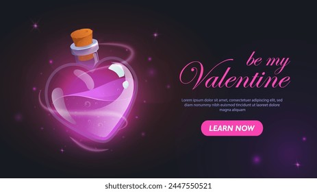 Love potion banner. Flask with violet magical potion. Imagination and dream, fantasy. Be my valentine inscription. Landing webpage design. Romance and passion. Cartoon flat vector illustration