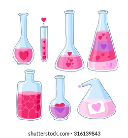 Love potion beautiful bottles with hearts  set. Hand drawn sketch vector illustration. Valentine's day design.