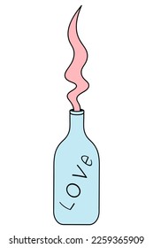 Poción de amor en una botella azul. Ilustración del vector de color. Buque con amor. Estilo de caricatura. Fondo aislado. Dejando. Los vapores mágicos rosas salen de un vial de vidrio. Bebida excitante. 