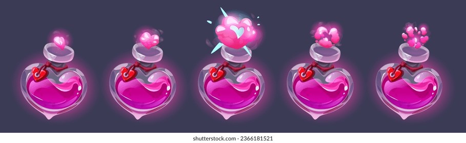 Love potion bottle animation sprite sheet isolated on background. Vector cartoon illustration set of open heart shape glass flask with label, puff cloud effect of magic elixir, alchemy lab assets