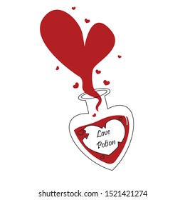 Love potion bottle flat vector illustration. Magic elixir glass vial isolated clipart. Red liquid. Halloween, Valentines Day greeting card design element. Witchcraft decoration, sticker 