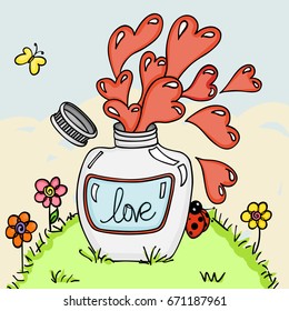 Love potion bottle in green grass background