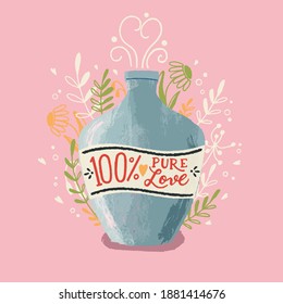 Love potion bottle with hand lettering. Colorful hand drawn illustration for Happy Valentine’s day. Greeting card with foliage and decorative elements. 