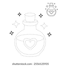 Love potion bottle with a heart label. Potion of love clipart. Valentine Day cute greeting elements for card, poster, flyers, invitation. Potion of love coloring page. Valentine theme coloring page. 