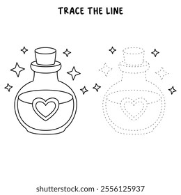 Love potion bottle with a heart label. Potion of love clipart. Valentine Day cute greeting elements for card, poster, flyers, invitation. Potion of love coloring page. Valentine theme coloring page. 