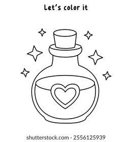 Love potion bottle with a heart label. Potion of love clipart. Valentine Day cute greeting elements for card, poster, flyers, invitation. Potion of love coloring page. Valentine theme coloring page. 