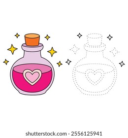 Love potion bottle with a heart label. Potion of love clipart. Valentine Day cute greeting elements for card, poster, flyers, invitation. Potion of love coloring page. Valentine theme coloring page. 