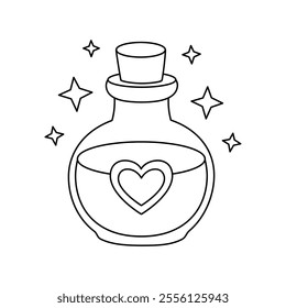 Love potion bottle with a heart label. Potion of love clipart. Valentine Day cute greeting elements for card, poster, flyers, invitation. Potion of love coloring page. Valentine theme coloring page. 