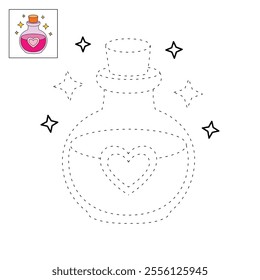 Love potion bottle with a heart label. Potion of love clipart. Valentine Day cute greeting elements for card, poster, flyers, invitation. Potion of love coloring page. Valentine theme coloring page. 