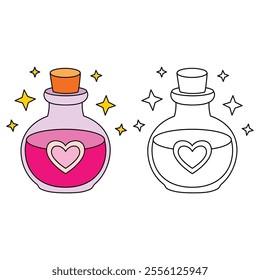 Love potion bottle with a heart label. Potion of love clipart. Valentine Day cute greeting elements for card, poster, flyers, invitation. Potion of love coloring page. Valentine theme coloring page. 