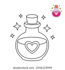 Love potion bottle with a heart label. Potion of love clipart. Valentine Day cute greeting elements for card, poster, flyers, invitation. Potion of love coloring page. Valentine theme coloring page. 