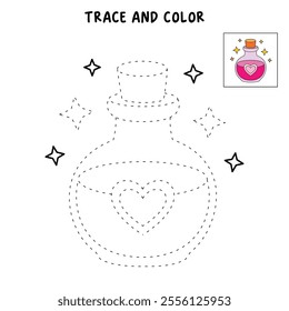 Love potion bottle with a heart label. Potion of love clipart. Valentine Day cute greeting elements for card, poster, flyers, invitation. Potion of love coloring page. Valentine theme coloring page. 