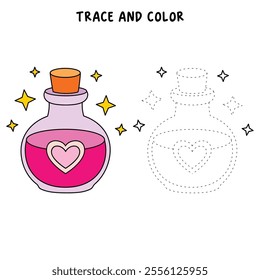 Love potion bottle with a heart label. Potion of love clipart. Valentine Day cute greeting elements for card, poster, flyers, invitation. Potion of love coloring page. Valentine theme coloring page. 