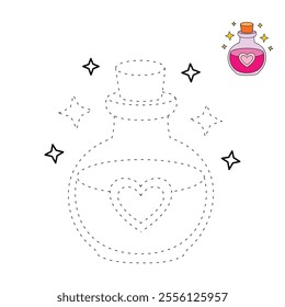 Love potion bottle with a heart label. Potion of love clipart. Valentine Day cute greeting elements for card, poster, flyers, invitation. Potion of love coloring page. Valentine theme coloring page. 