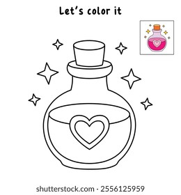 Love potion bottle with a heart label. Potion of love clipart. Valentine Day cute greeting elements for card, poster, flyers, invitation. Potion of love coloring page. Valentine theme coloring page. 