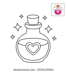 Love potion bottle with a heart label. Potion of love clipart. Valentine Day cute greeting elements for card, poster, flyers, invitation. Potion of love coloring page. Valentine theme coloring page. 