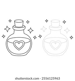 Love potion bottle with a heart label. Potion of love clipart. Valentine Day cute greeting elements for card, poster, flyers, invitation. Potion of love coloring page. Valentine theme coloring page. 