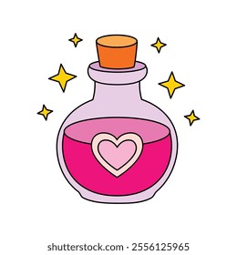 Love potion bottle with a heart label. Potion of love clipart. Valentine Day cute greeting elements for card, poster, flyers, invitation. Potion of love coloring page. Valentine theme coloring page. 