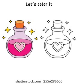 Love potion bottle with a heart label. Potion of love clipart. Valentine Day cute greeting elements for card, poster, flyers, invitation. Potion of love coloring page. Valentine theme coloring page. 