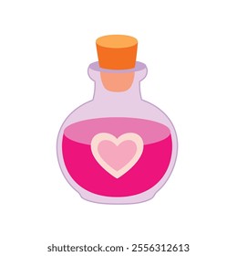 Love potion bottle with a heart label. Potion of love clipart illustration. Valentine Day cute greeting elements for card, poster, flyers, invitation. Potion of love coloring page. Valentine clipart.