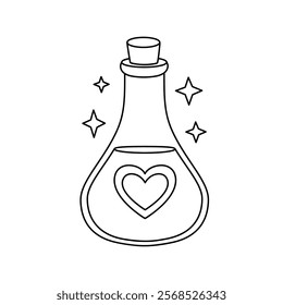 Love potion bottle with a heart label. Potion of love clipart. Valentine Day cute greeting elements for card, poster, flyers, invitation. Potion of love coloring page. Valentine theme coloring page.