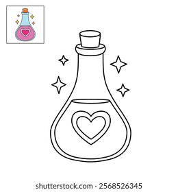 Love potion bottle with a heart label. Potion of love clipart. Valentine Day cute greeting elements for card, poster, flyers, invitation. Potion of love coloring page. Valentine theme coloring page.