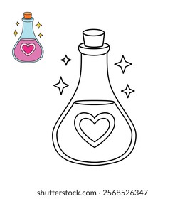 Love potion bottle with a heart label. Potion of love clipart. Valentine Day cute greeting elements for card, poster, flyers, invitation. Potion of love coloring page. Valentine theme coloring page.