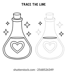 Love potion bottle with a heart label. Potion of love clipart. Valentine Day cute greeting elements for card, poster, flyers, invitation. Potion of love coloring page. Valentine theme coloring page.