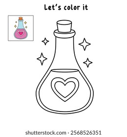 Love potion bottle with a heart label. Potion of love clipart. Valentine Day cute greeting elements for card, poster, flyers, invitation. Potion of love coloring page. Valentine theme coloring page.