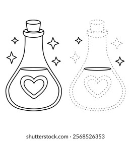 Love potion bottle with a heart label. Potion of love clipart. Valentine Day cute greeting elements for card, poster, flyers, invitation. Potion of love coloring page. Valentine theme coloring page.