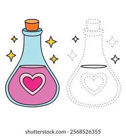 Love potion bottle with a heart label. Potion of love clipart. Valentine Day cute greeting elements for card, poster, flyers, invitation. Potion of love coloring page. Valentine theme coloring page.