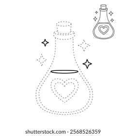 Love potion bottle with a heart label. Potion of love clipart. Valentine Day cute greeting elements for card, poster, flyers, invitation. Potion of love coloring page. Valentine theme coloring page.