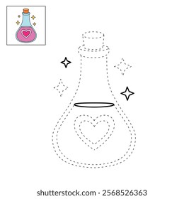 Love potion bottle with a heart label. Potion of love clipart. Valentine Day cute greeting elements for card, poster, flyers, invitation. Potion of love coloring page. Valentine theme coloring page.