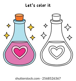 Love potion bottle with a heart label. Potion of love clipart. Valentine Day cute greeting elements for card, poster, flyers, invitation. Potion of love coloring page. Valentine theme coloring page.